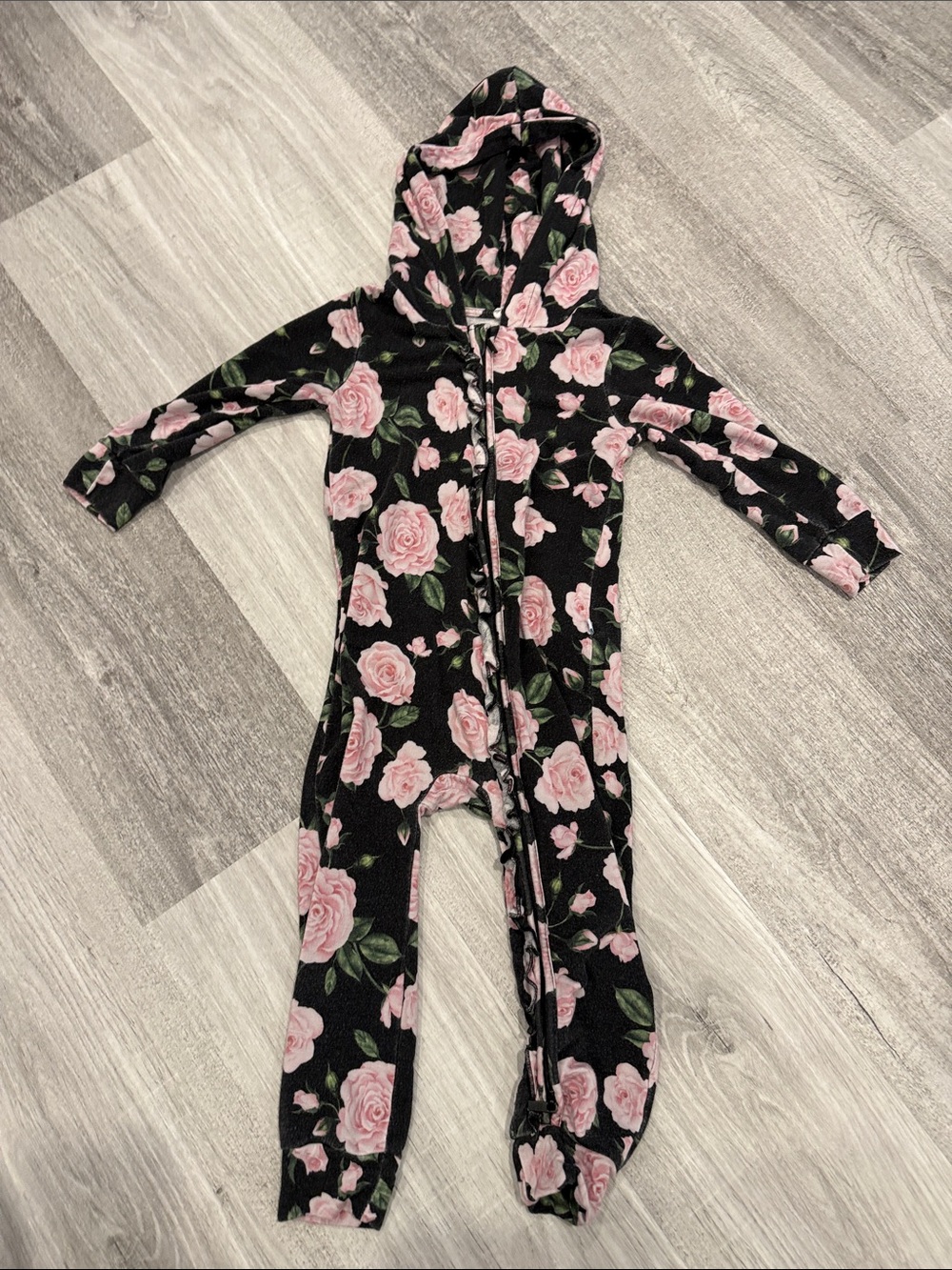 Posh Pranut' Black Floral Hooded Romper Pink Rose Print